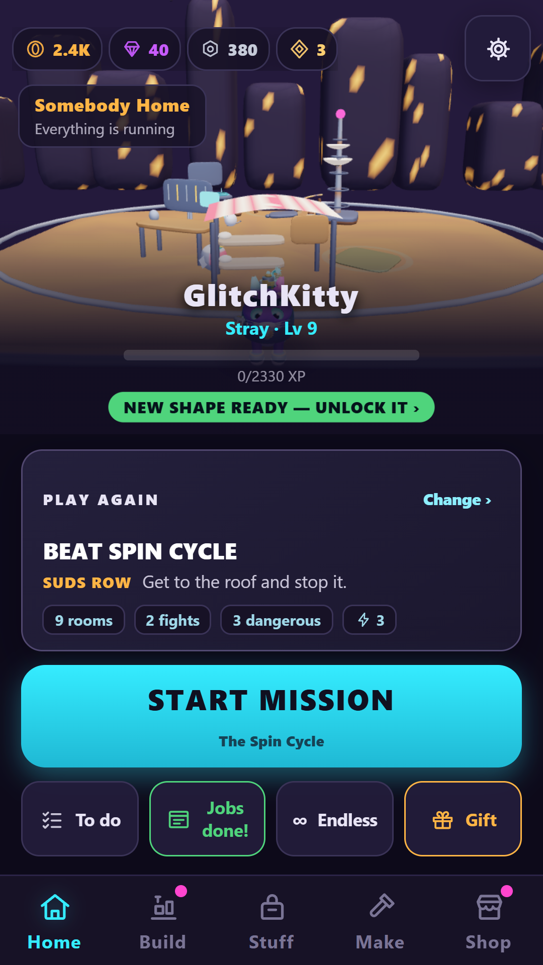 GlitchKitty stands on her real 3D rooftop home at night, with built facilities, currencies, and The Spin Cycle mission ready to start.