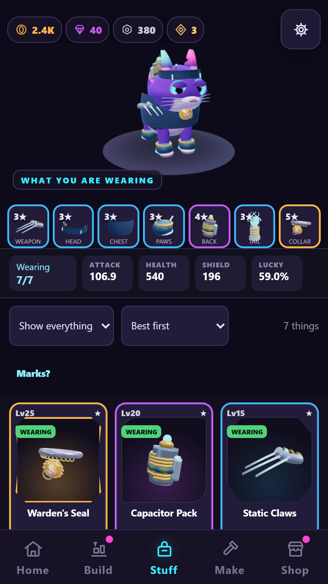 The production Stuff screen shows a complete equipped loadout, rarity-marked item cards, and the same 3D cat wearing the selected gear.