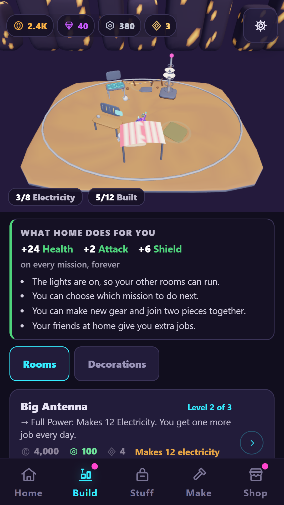 The production Build screen lists rooftop facilities, their current levels, effects, power use, and honest Coin and Scrap costs.