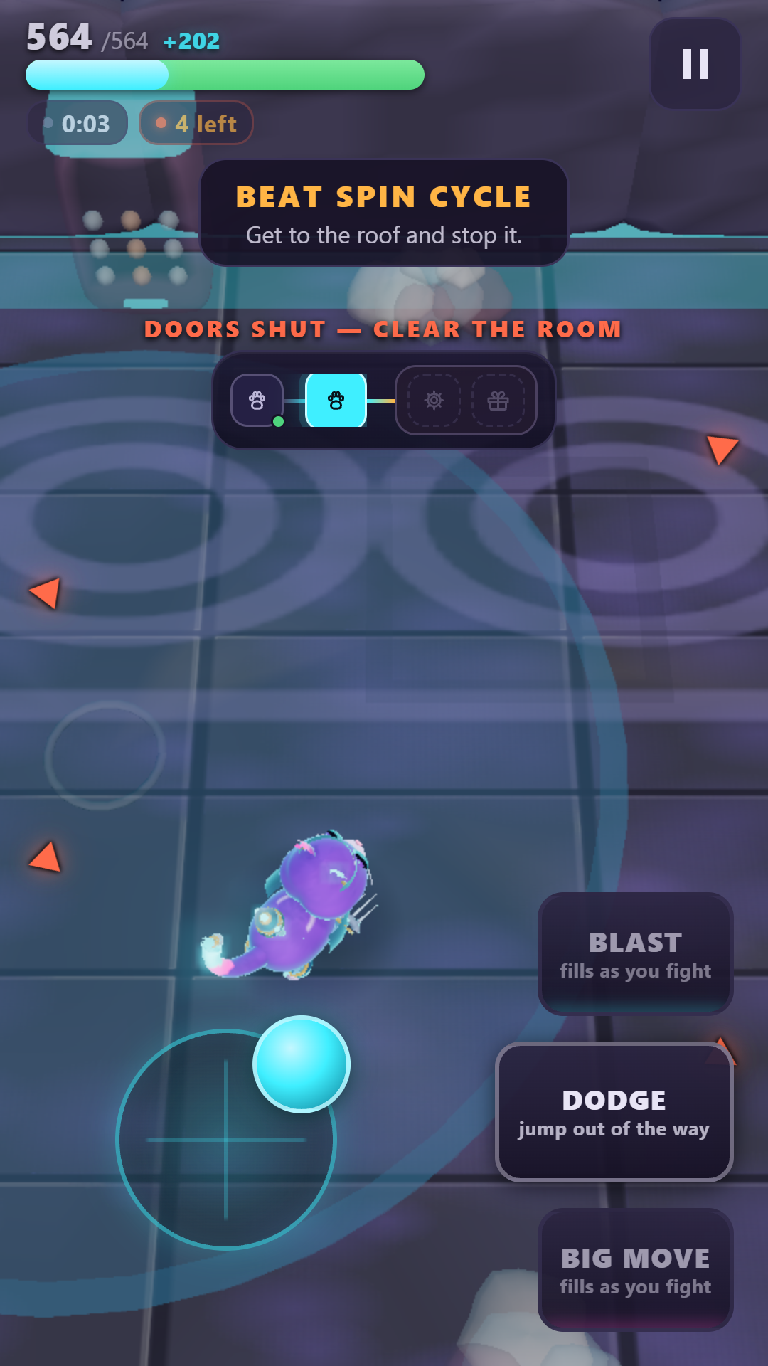 Real top-down 3D combat in The Laundromat, with multiple enemies alive, the health and objective HUD visible, and the cyan thumb stick held.