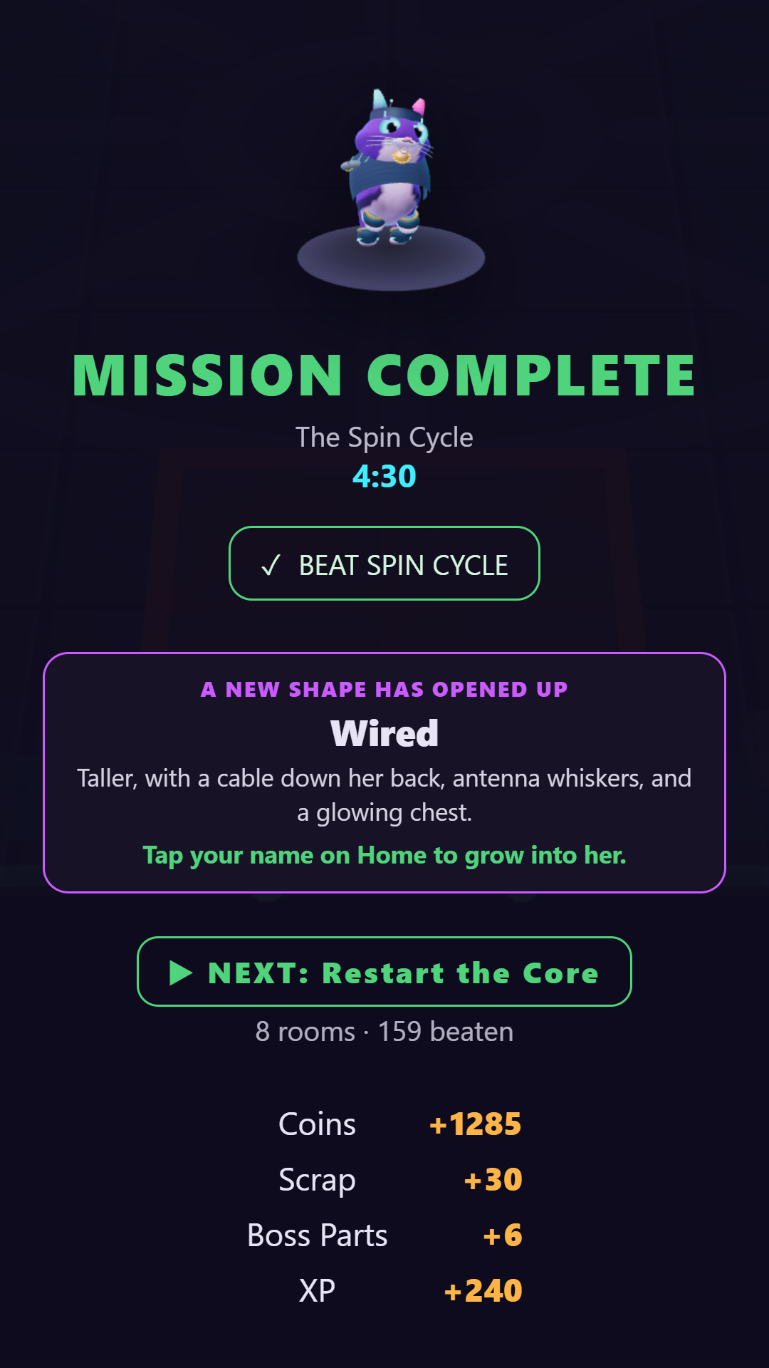 A successful production results screen says Mission Complete and shows the real mission time, objective, Coins, Scrap, XP, and earned rewards.